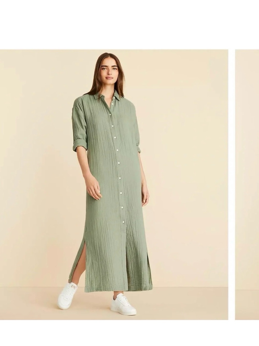 Lou & Grey Crinkled Gauze Button-Front Maxi Dress in Sage- LARGE